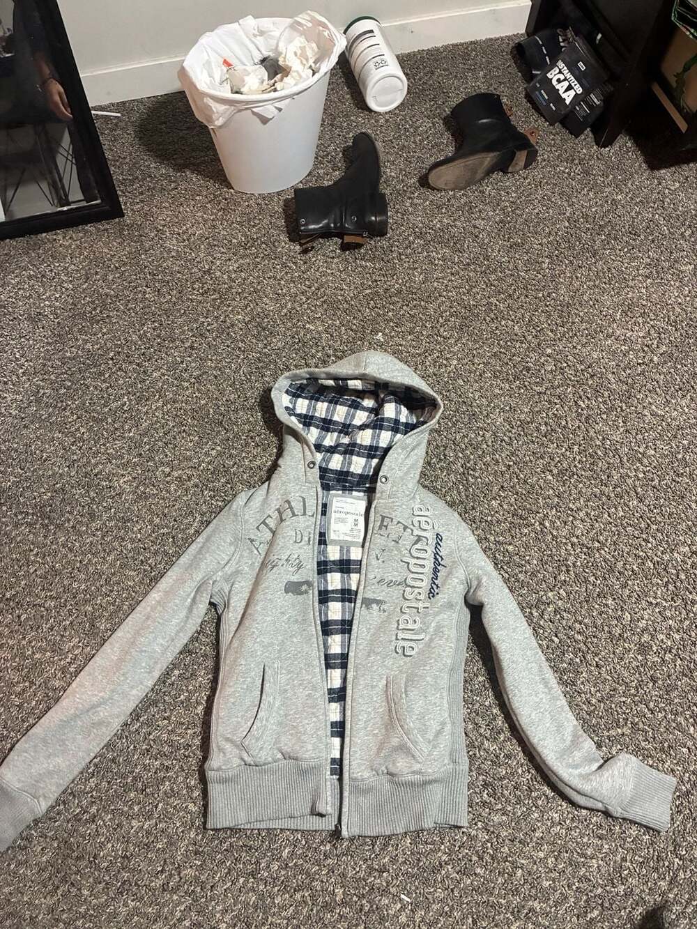 Aeropostale Full Zip Plaid Lined Hoodie Grey